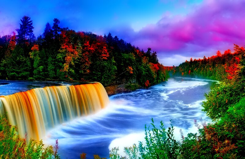 Waterfall in Autumn Forest — Blue, Dramatic, Sunset