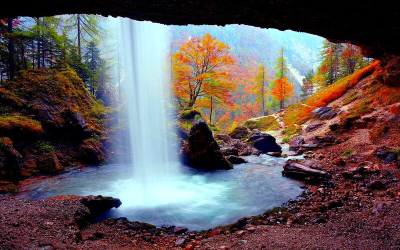 Waterfall in Autumn Forest — Blue, Serene, Photograph