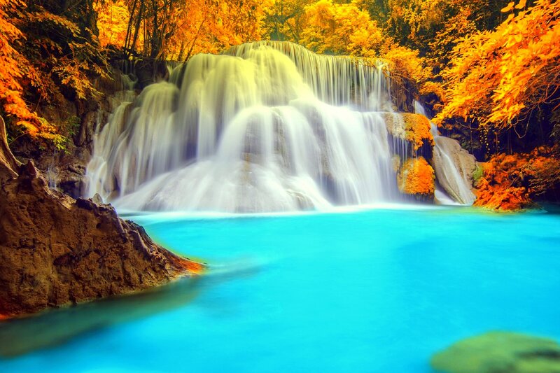 Waterfall in Autumn Forest — Blue, Serene, Photograph, Trees, Pool