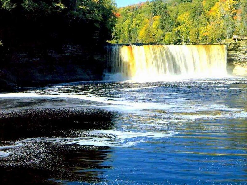 Waterfall in Autumn Forest — Blue, Serene, Photograph, Trees, River, Cliff
