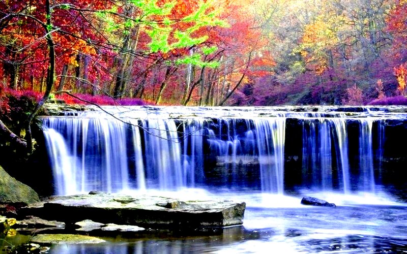 Waterfall in Autumn Forest — Blue, Serene, Photograph, Trees, River