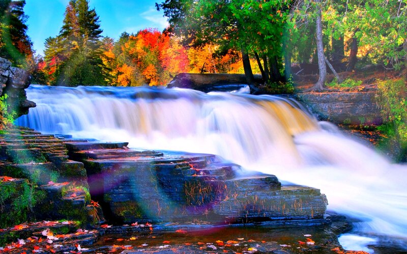 Waterfall in Autumn Forest — Blue, Serene, Photograph, Trees, Rocks, Leaves