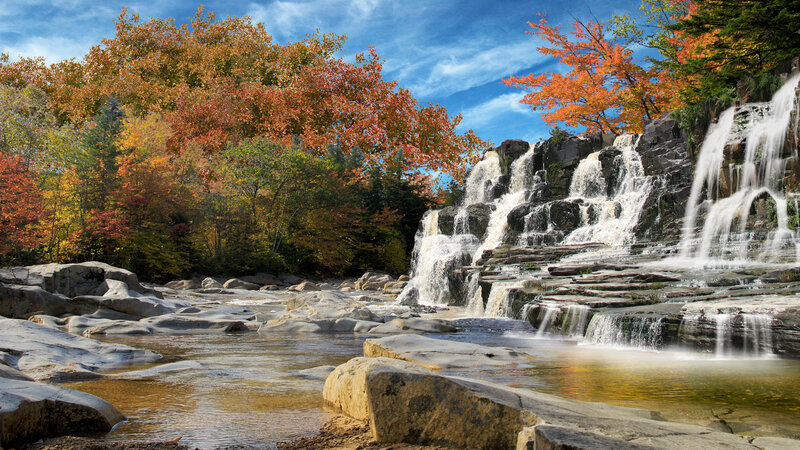 Waterfall in Autumn Forest — Blue, Serene, Photograph, Trees