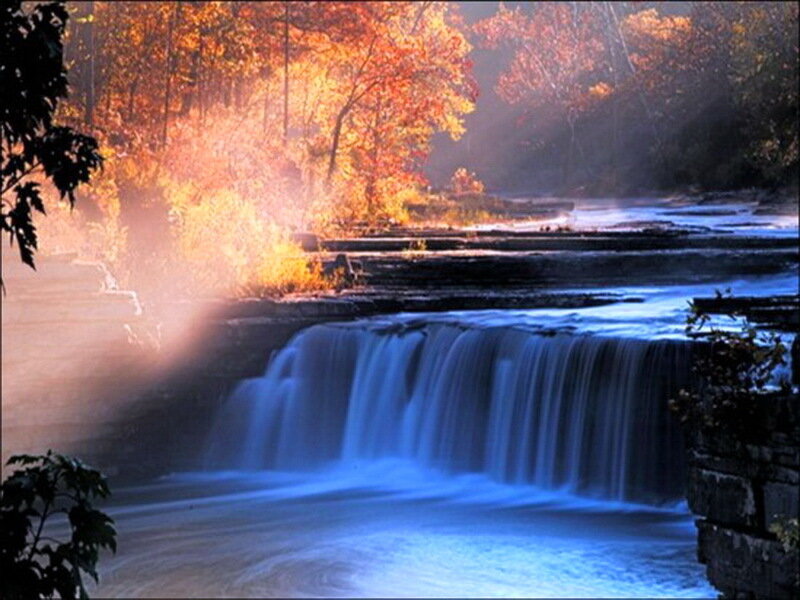 Waterfall in Autumn Forest — Blue