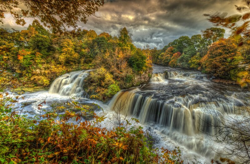 Waterfall in Autumn Forest — Green, Dramatic, Photograph