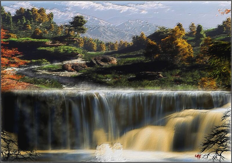 Waterfall in Autumn Forest — Green, Serene, Digital Art