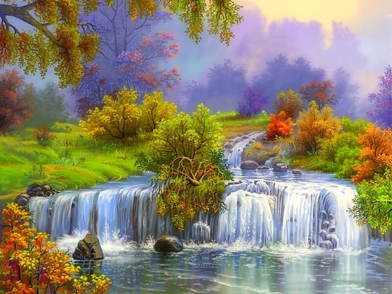 Waterfall in Autumn Forest — Green, Serene, Painting