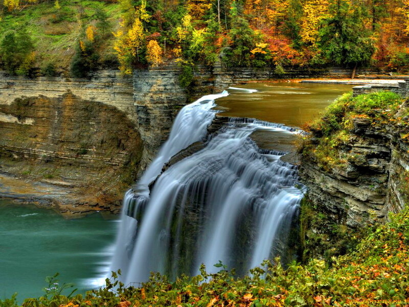 Waterfall in Autumn Forest — Green, Serene, Photograph, River, Cliffs
