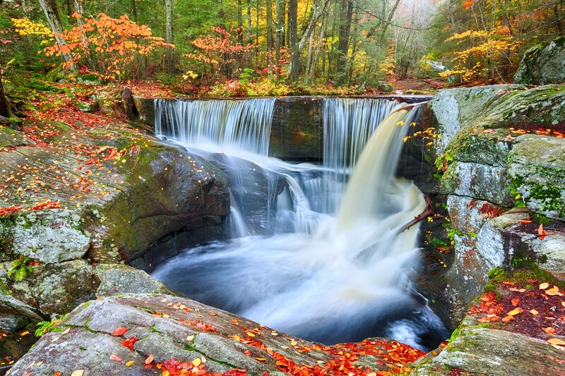Waterfall in Autumn Forest — Green, Serene, Photograph, Rocks, Leaves