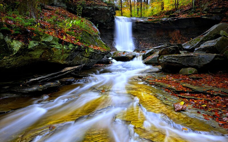 Waterfall in Autumn Forest — Green, Serene, Photograph, Stream
