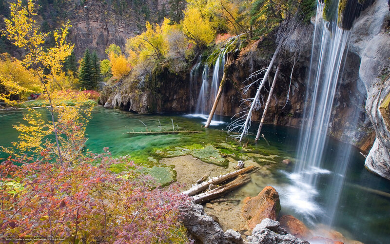 Waterfall in Autumn Forest — Green, Serene, Photograph, Trees, Pool