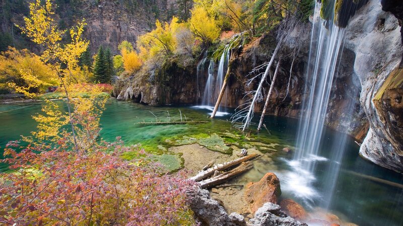 Waterfall in Autumn Forest — Green, Serene, Photograph, Trees, River, Rocks, Falling Water, Yellow