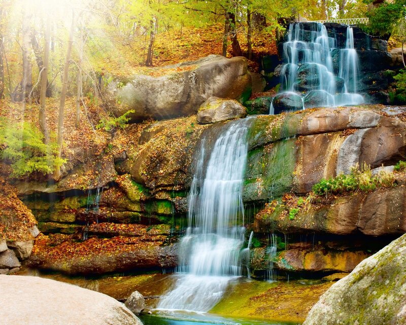 Waterfall in Autumn Forest — Green, Serene, Photograph, Trees, Rocks, Leaves