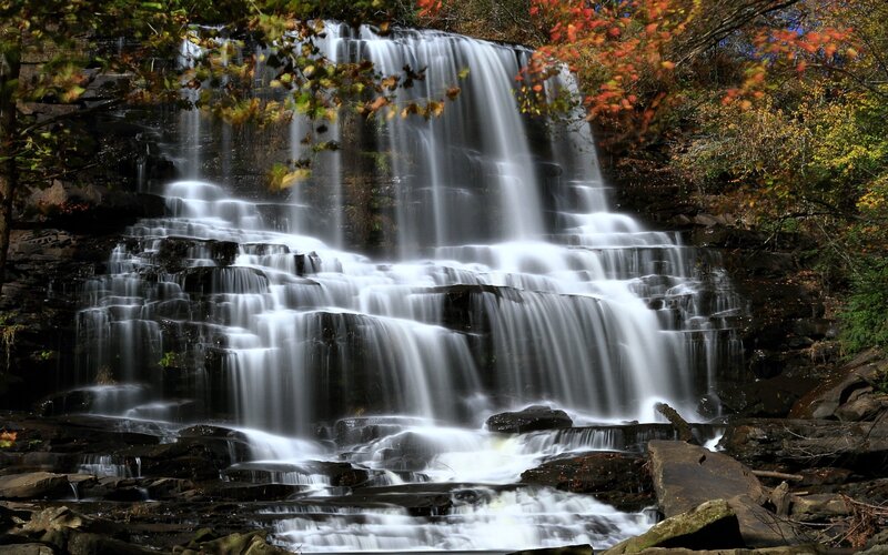 Waterfall in Autumn Forest — Green, Serene, Photograph, Trees, Rocks, Water
