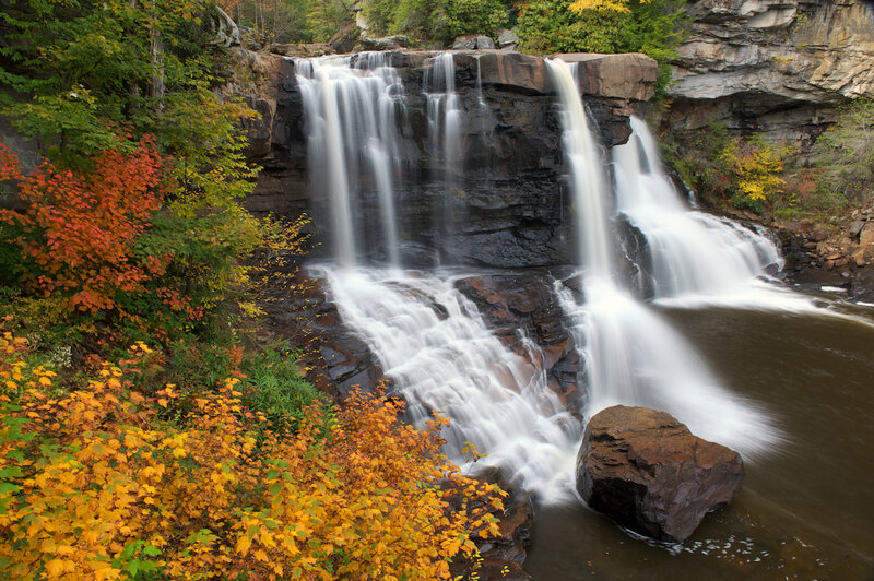 Waterfall in Autumn Forest — Green, Serene, Photograph, Trees