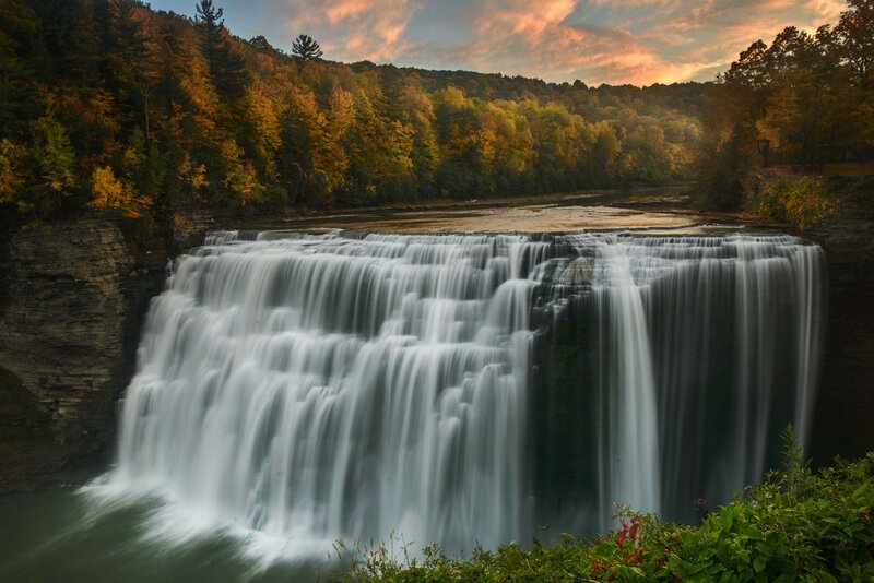 Waterfall in Autumn Forest — Green, Serene, Sunset