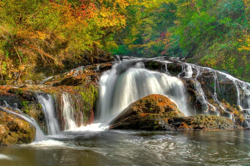 Waterfall in Autumn Forest — Green