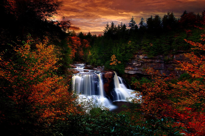 Waterfall in Autumn Forest — Orange, Dramatic, Sunset, Photograph