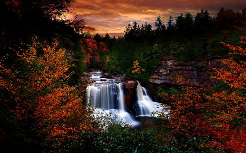 Waterfall in Autumn Forest — Orange, Dramatic, Sunset, Photograph, Trees, River