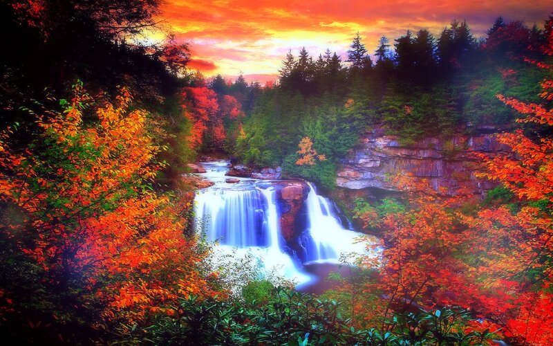 Waterfall in Autumn Forest — Orange, Dramatic, Sunset, Photograph, Trees
