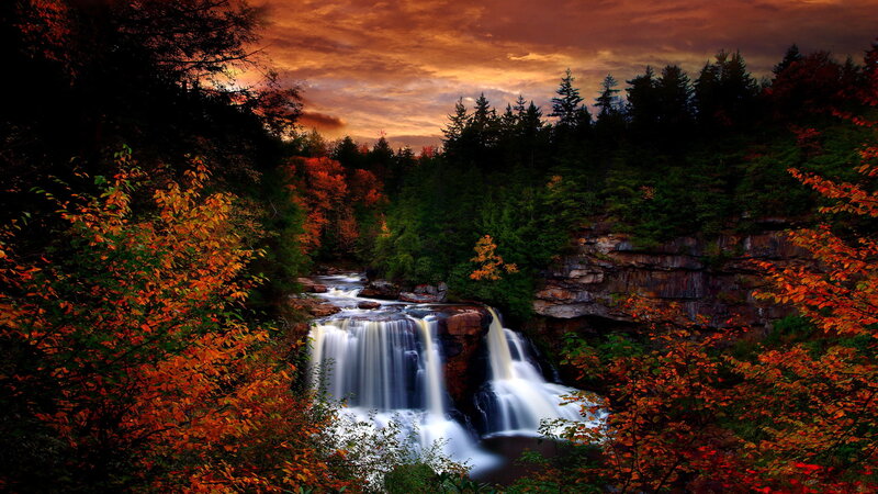 Waterfall in Autumn Forest — Orange, Dramatic, Sunset