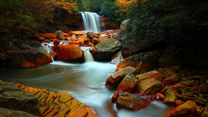 Waterfall in Autumn Forest — Orange, Serene, Photograph, River