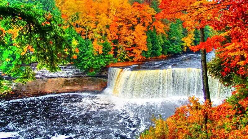 Waterfall in Autumn Forest — Orange, Serene, Photograph, Trees, River, Rock