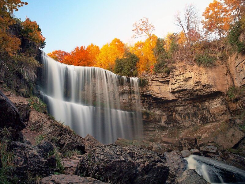 Waterfall in Autumn Forest — Orange, Serene
