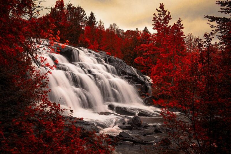 Waterfall in Autumn Forest — Red, Dramatic, Photograph