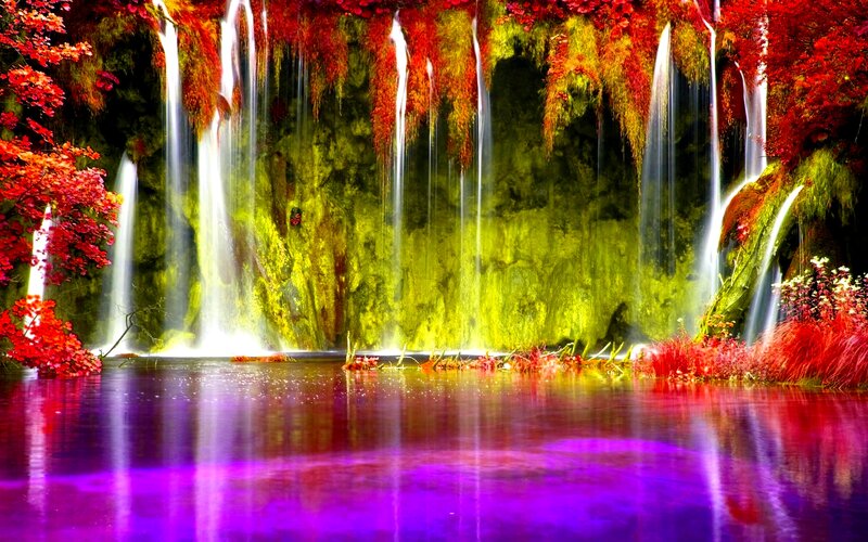 Waterfall in Autumn Forest — Red, Serene, Digital Art