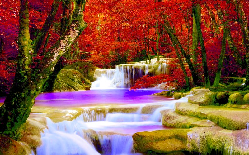 Waterfall in Autumn Forest — Red, Serene, Digital Art, Trees