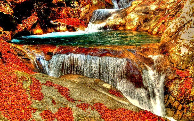 Waterfall in Autumn Forest — Red, Serene, Photograph, Rocks