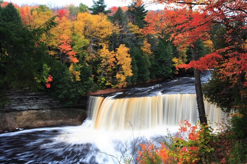 Waterfall in Autumn Forest — Red, Serene, Photograph, Trees, River