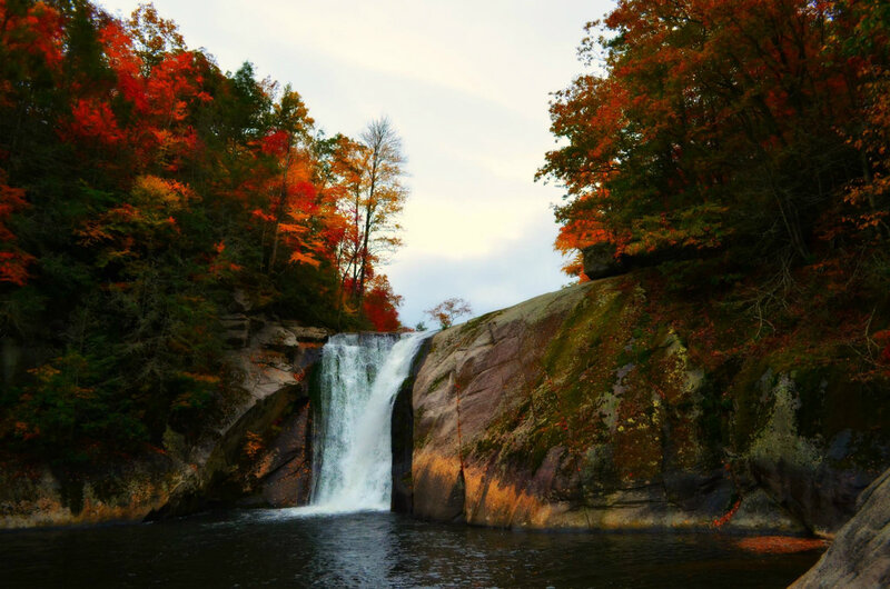 Waterfall in Autumn Forest — Red, Serene, Photograph, Trees, Rocks, Pool