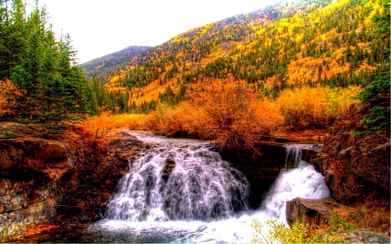 Waterfall in Autumn Forest — Yellow, Serene, Photograph, Trees, Mountain, River