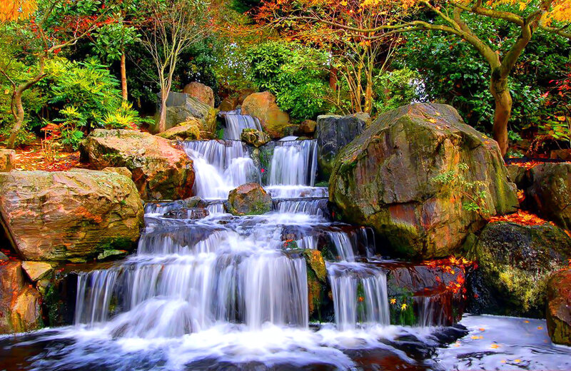 Waterfall in Autumn Garden — Green