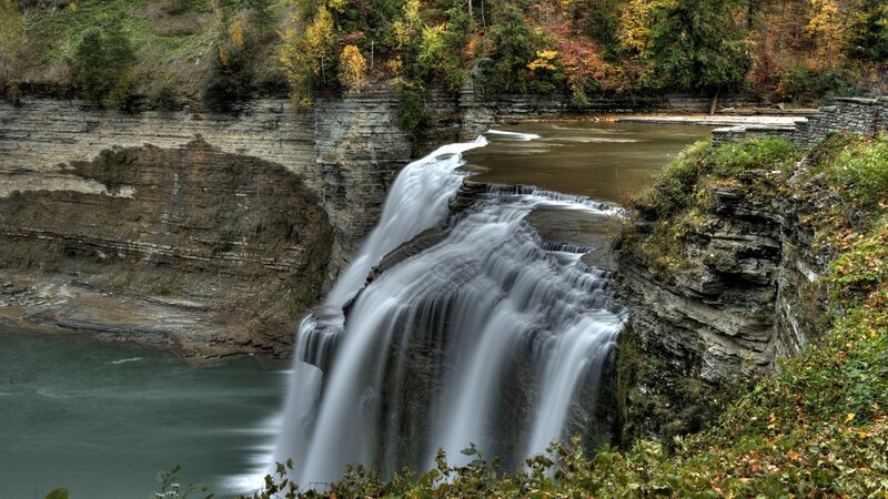 Waterfall in Autumn — Green, Serene, Photograph