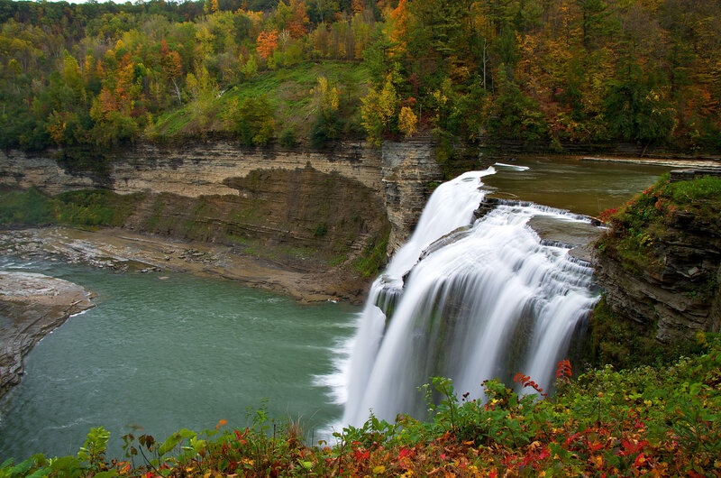 Waterfall in Autumn — Green, Serene