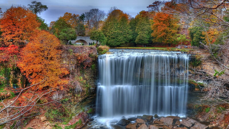Waterfall in Autumn — Orange, Serene, Photograph