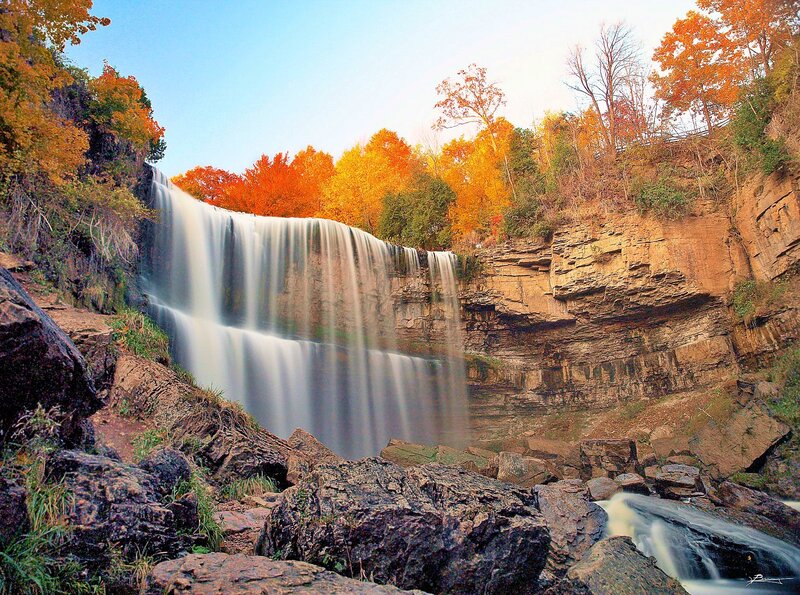 Waterfall in Autumn — Orange, Serene, Photograph, Trees