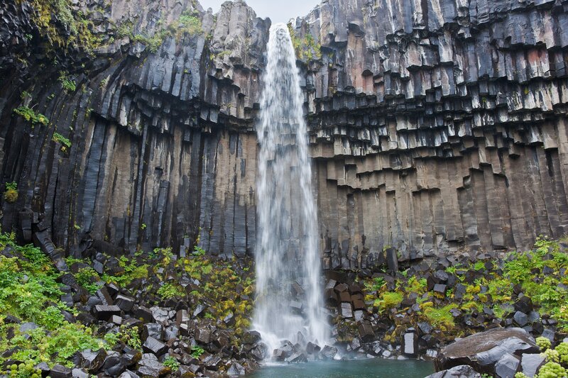Waterfall in Basalt Cliffs — Black, Dramatic, Photograph, Pool