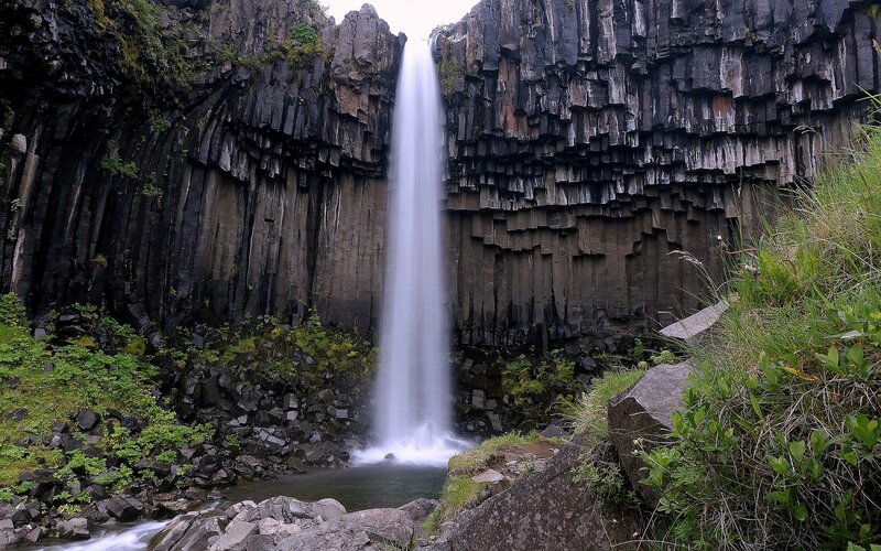 Waterfall in Basalt Cliffs — Black, Dramatic