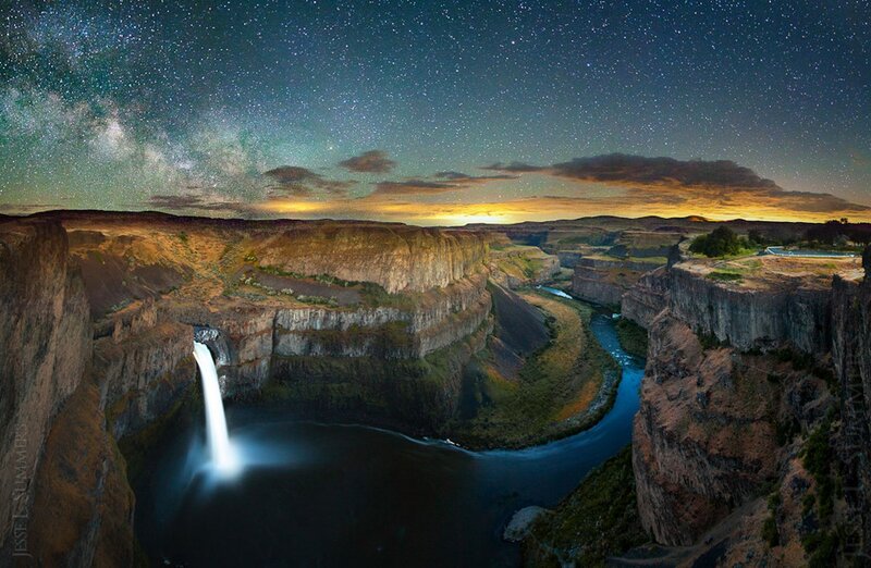 Waterfall in Canyon at Night