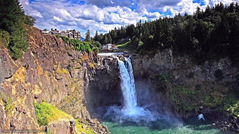 Waterfall in Canyon — Blue, Dramatic, Afternoon, Photograph, Cliffs, Forest