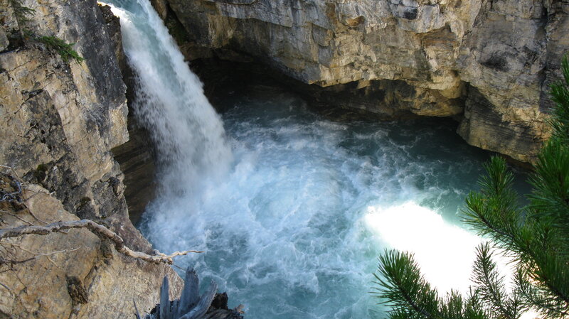 Waterfall in Canyon — Blue, Dramatic, Afternoon, Photograph, Pine Tree