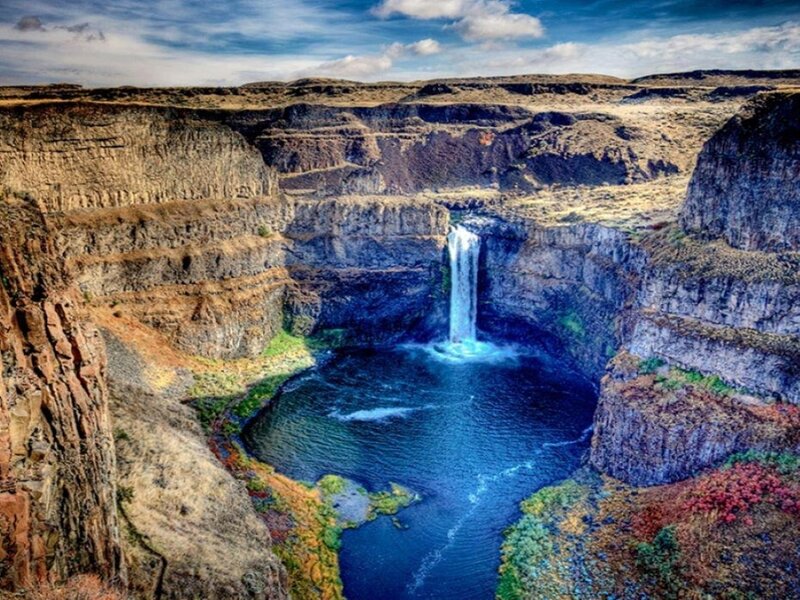 Waterfall in Canyon — Blue, Dramatic, Afternoon, Photograph, Pool