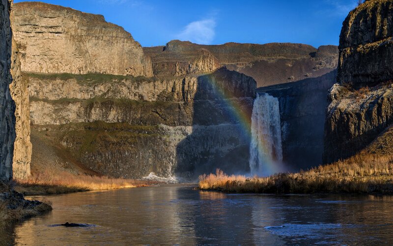 Waterfall in Canyon — Blue, Dramatic, Afternoon, Photograph, Rainbow