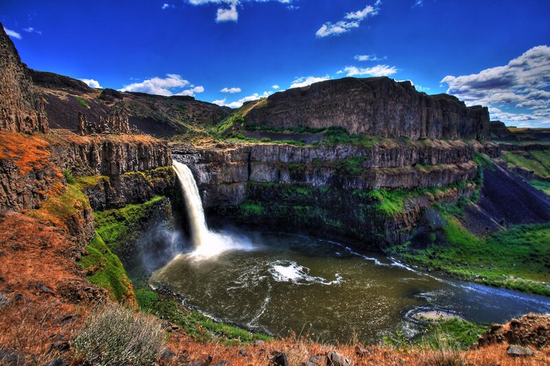 Waterfall in Canyon — Blue, Dramatic, Afternoon, Photograph, River, Cliffs, Sky