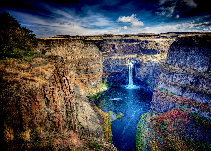 Waterfall in Canyon — Blue, Dramatic, Afternoon, Photograph, River, Cliffs