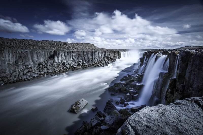 Waterfall in Canyon — Blue, Dramatic, Afternoon, Photograph, River, Clouds